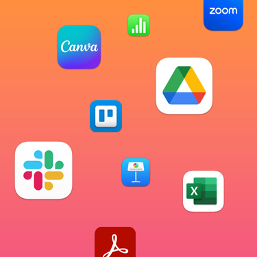Icons of productivity apps including Slack, Canva, Google Workspace, Zoom, Trello, Keynote, Excel, Adobe Acrobat, and Numbers against a colorful background.