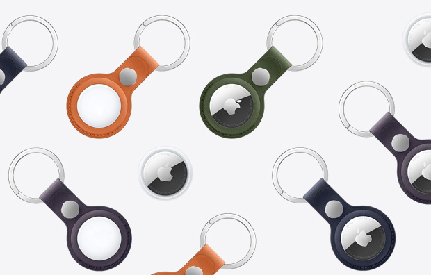 AirTag and AirTag FineWoven Key Ring: available in a selection of colors, the key ring accessory covers the outer edge and displays the front with Apple logo or the white back