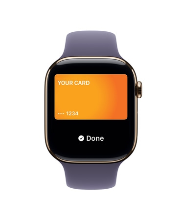 Apple Watch Series 11, zelta krāsas, titāna ietvars, Apple Pay, labais sāns, Digital Crown, dūmakaini violeta sporta aproce