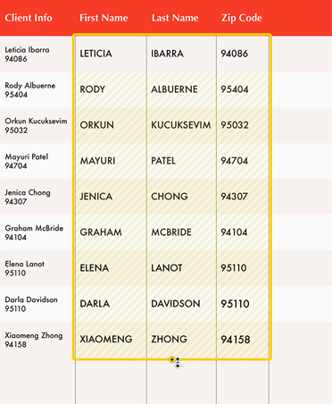 A white and red spreadsheet with client info, Magic Fill feature indicating filled out empty cells in yellow