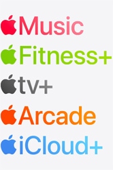 Apple Music, Apple Fitness+, Apple TV+, Apple Arcade, and iCloud+ app icons
