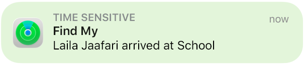 Find My app, map, notification pops up to confirm child has arrived at school