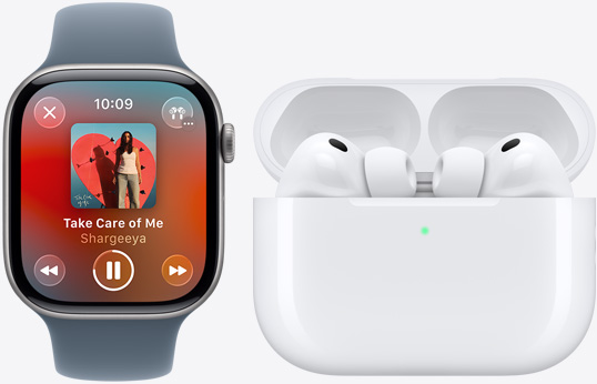 Apple Watch Series 11, Apple Music app, now playing, AirPods Pro 3, white, earbuds, silicone tips, microphone, MagSafe Charging case, open, rounded corners