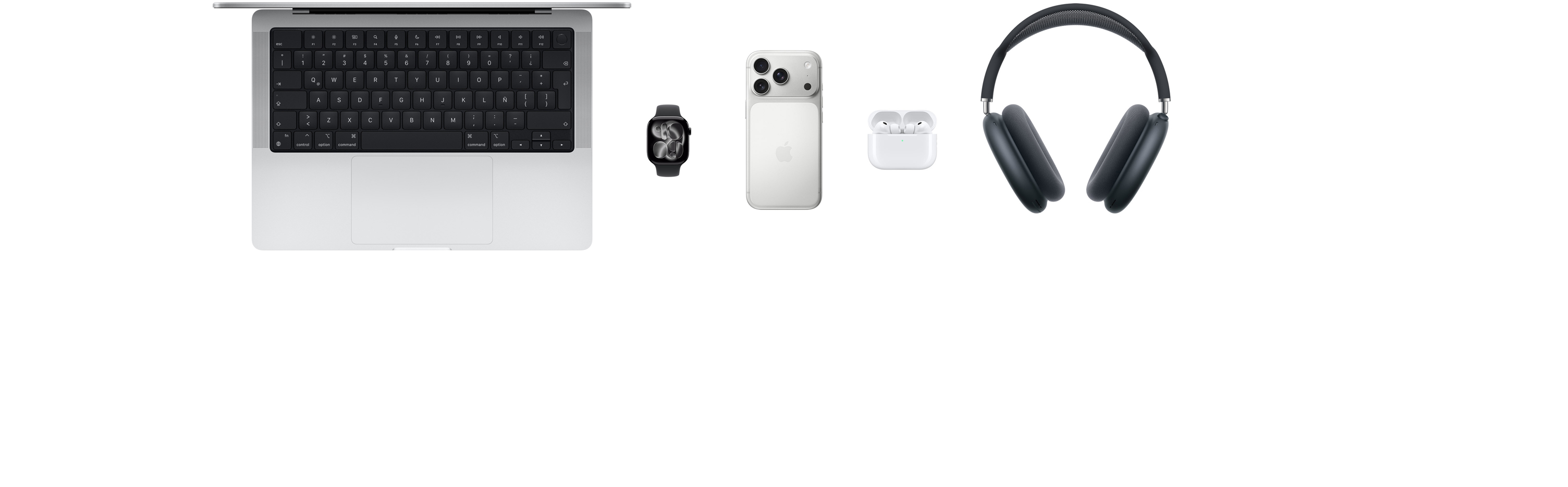 Varios productos Apple, entre ellos, una MacBook, un Apple Watch Series 11, un iPhone 17 Pro, unos AirPods Pro 3 y unos AirPods Max