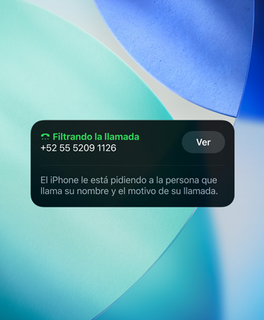 El Widget de la app Teléfono muestra la funcionalidad Revisión de Llamadas en una llamada entrante, con el nuevo fondo de pantalla en azul esmeralda, blanco y turquesa