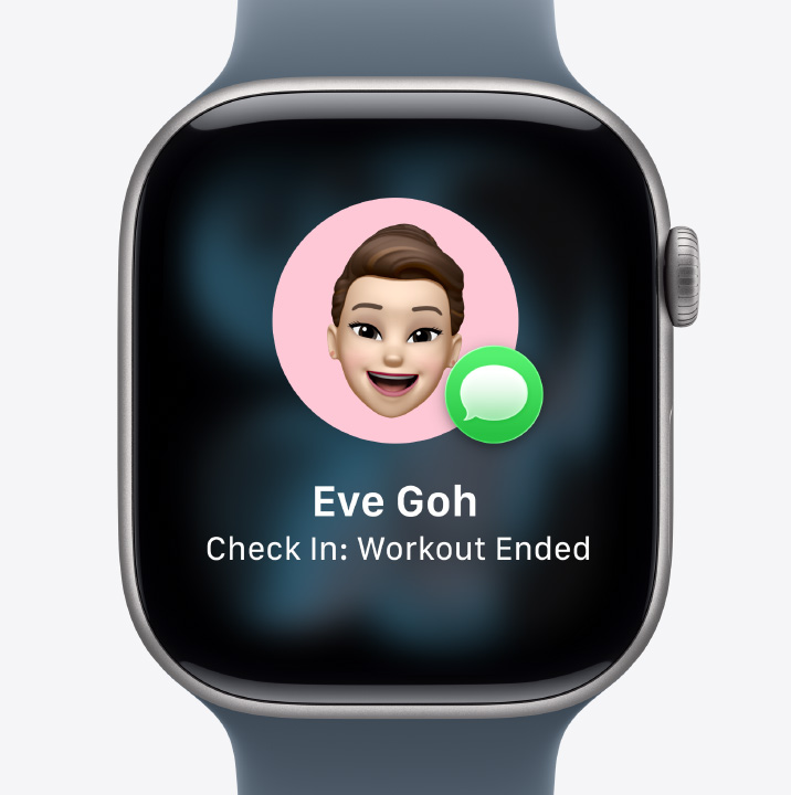 Apple Watch Series 11, aluminium case, silver colour, Check In prompt, notification that friend finished their workout, Sport Band, anchor blue colour