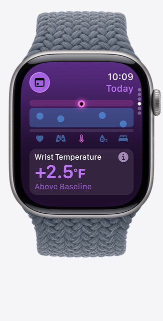 Apple Watch Series 11, aluminum case, space gray color, Vitals app, chart scoring health, wrist temperature above baseline notification, right side, Digital Crown, anchor blue Braided Solo Loop