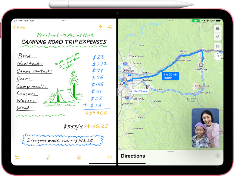 Maths Note in Maps with a FaceTime picture-in-picture on iPad.