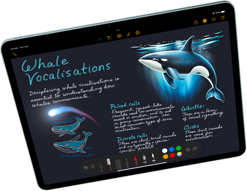 Landscape view of iPad Air showcasing Apple Intelligence with Image Playground and Keynote, Apple Pencil Pro