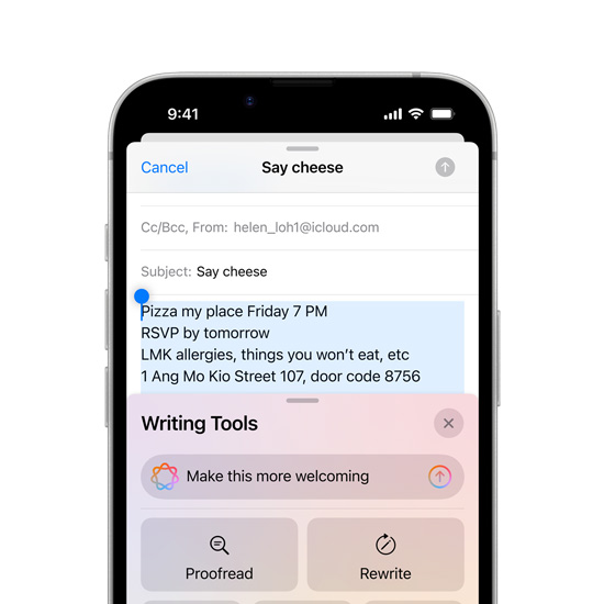 Partial view of iPhone 16e screen showing Apple Intelligence Writing Tools capabilities.