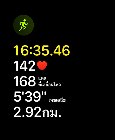 การ์ดการออกกำลังกายแบบวิ่ง, ไอคอนการวิ่ง, ตัวชี้วัด: เวลา, อัตราการเต้นของหัวใจ, เพซล่าสุด, เพซเฉลี่ย, ระยะทาง