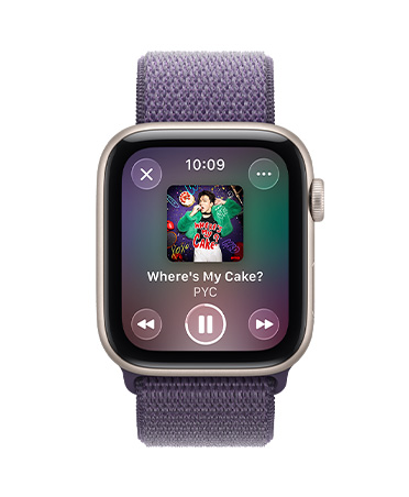 Apple Watch SE 3, ตัวเรือนอะลูมิเนียม, สีสตาร์ไลท์, การเล่นสื่อ, Apple Music, ด้านข้าง, Digital Crown, สาย, สายแบบ Sport Loop, สีม่วงควันหมอก