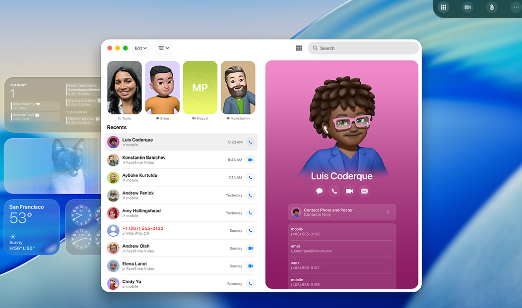 MacBook Pro, แอปโทรศัพท์เปิดอยู่, แสดงผู้ติดต่อจากการโทรครั้งล่าสุด