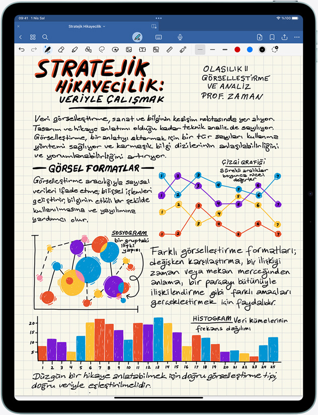 iPad Air, dikey pozisyonda, ekranında notlar ve görseller görülüyor