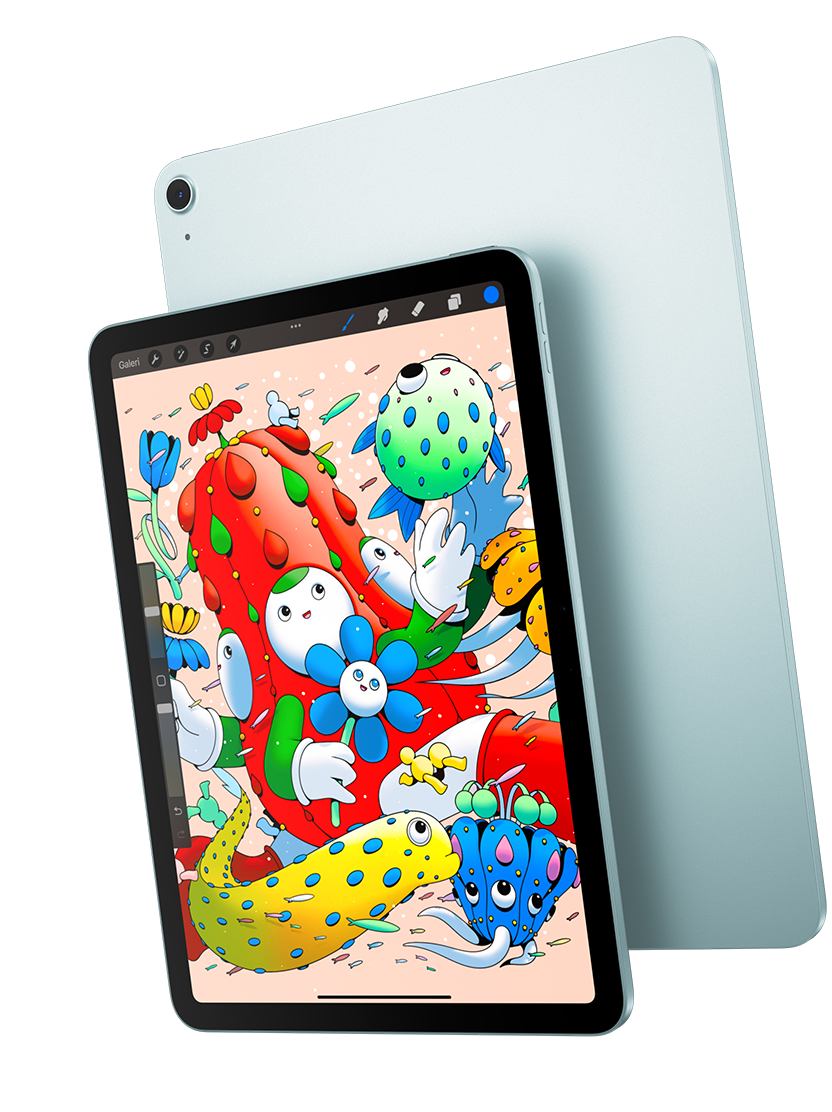 Ön dış yüzey, ekranında Procreate uygulaması görülen 11 inç iPad Air modeli mavi renkli bir iPad Air’in arka dış yüzeyinin üzerinde duruyor