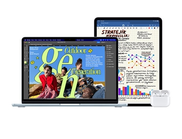 Yan yana duran MacBook Pro, AirPods ve iPad