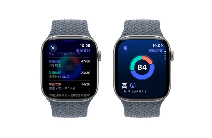 Apple Watch Series 11，展示太空灰色鋁金屬錶殼，搭配錨藍色編織單圈錶環，螢幕顯示睡眠分數通知，機身右側展示數位錶冠