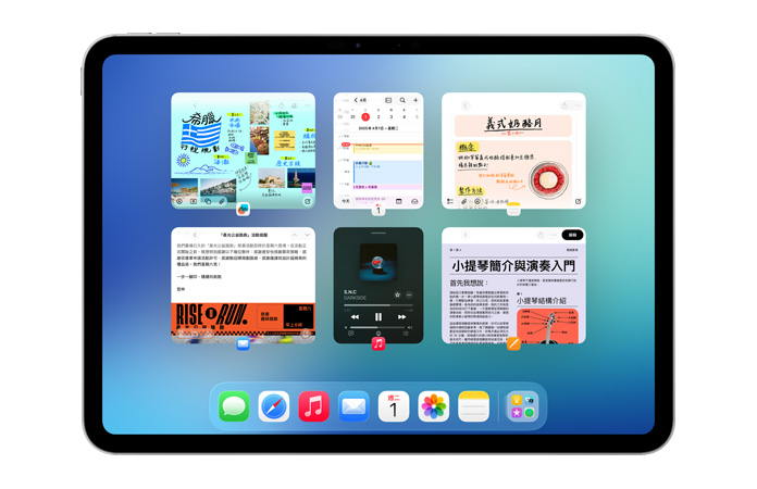 橫向放置的 iPad，螢幕上有六個打開的視窗排成兩行，包括⾏事曆 app、備忘錄 app、Apple Music 和 Safari