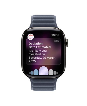 Apple Watch Series 11, natural colour, titanium case, ovulation date estimation notification from Cycle Tracking in Health app, Digital Crown, strap, Magnetic Link, navy colour