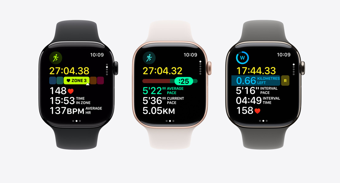 Apple Watch Series 11 fitness screens: Heart Rate Zones, Pacer, Custom Workout with intervals