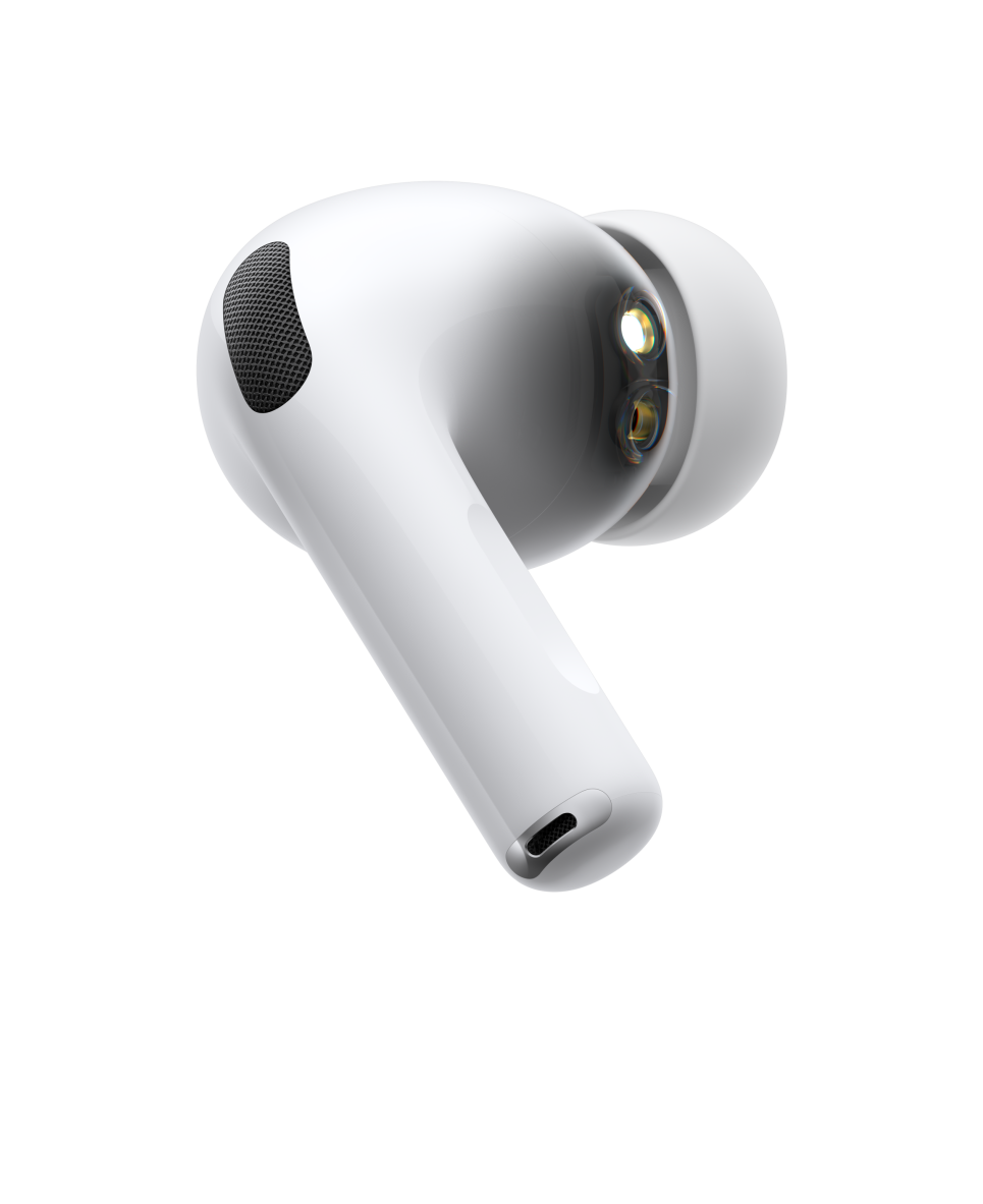 AirPods Pro 3, audífono inalámbrico, blanco, vista lateral, parte inferior cilíndrica, pulsos sonoros en ondas