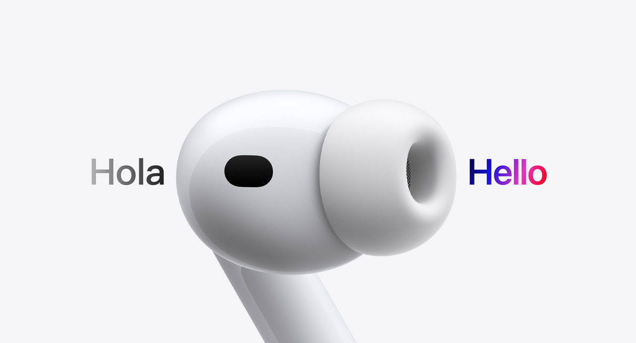 AirPods Pro 3，配備矽膠耳塞的耳筒，即時翻譯功能將西班牙文的「hola」翻譯成英文的「hello」