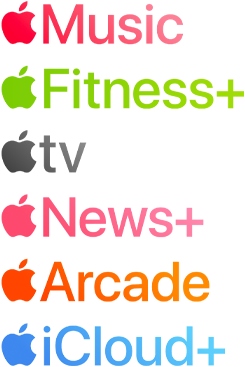 Apple subscription services logotypes including Apple Music, Fitness+, Apple TV, Apple News+, Apple Arcade, iCloud+