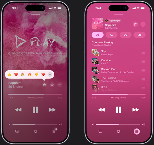 iPhone on left showing “Sapphire” by Ed Sheeran playing on iPhone screen with reaction emoji prompt showing options to thumbs up, heart, celebrate, thumbs down, or add another reaction. iPhone on right showing collaborative playlist called Hawaii Playlist with multiple songs added by other contributors