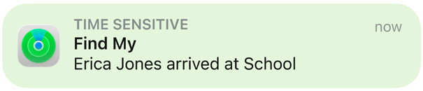 Animation einer Benachrichtigungsnachricht, die besagt, dass ein Kind in der Schule angekommen ist.