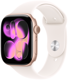 Vista lateral direita do Apple Watch Series 11, com caixa em alumínio rosa-dourado, mostrador Responsive Art, Digital Crown, microfone, botão lateral, Bracelete desportiva rosa leve e fecho de clipe prateado