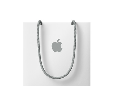 Weiße Apple Tasche, grauer Tragegriff, graues Apple Logo mittig