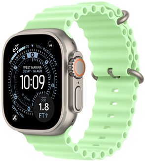 Apple Watch Ultra 3, finition naturelle, boîtier en titane, cadran Orientation, complications : Indice UV, Activité, Satellite, Boussole, côté droit, Digital Crown, micro, bouton latéral, bracelet Ocean, coloris vert fluo