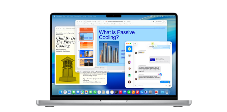 Demonstration of apps like Microsoft PowerPoint, Messages, and Pages on MacBook Pro 14