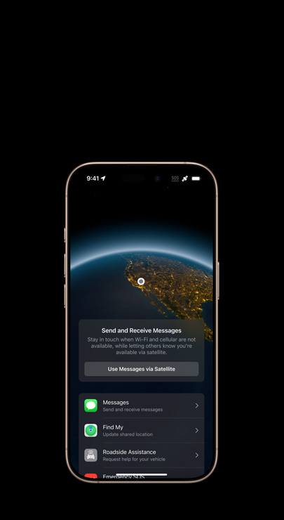An iPhone shows a satellite view of the U.S., and a notification to send and receive messages when Wi-Fi and cellular are not available, with a list of features: Messages, Find My, Roadside Assistance, Emergency SOS