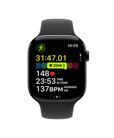 Apple Watch Series 11, aluminum case, polished jet black color, Outdoor Run workout open, heart rate in Heart Zone 3, right side exterior: Digital Crown, black Sport Band