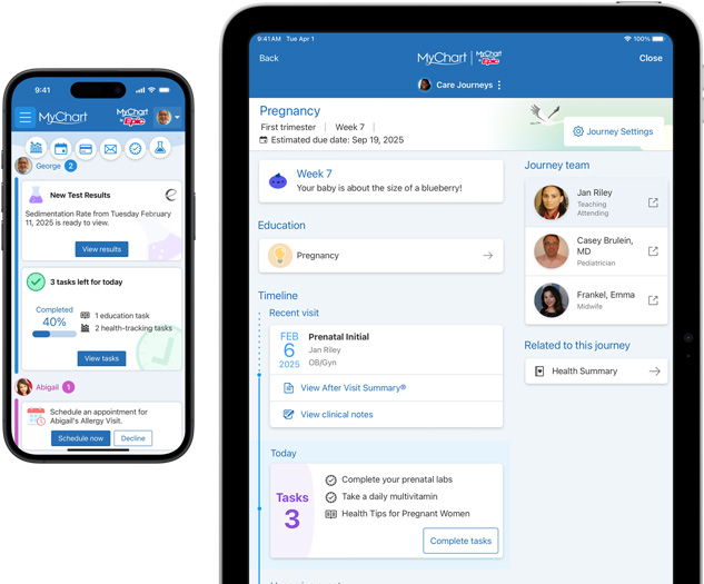 iPhone 和 iPad 螢幕顯示 Epic MyChart app。