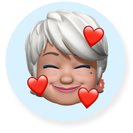 Memoji sonriente de una mujer mayor con pelo corto y blanco