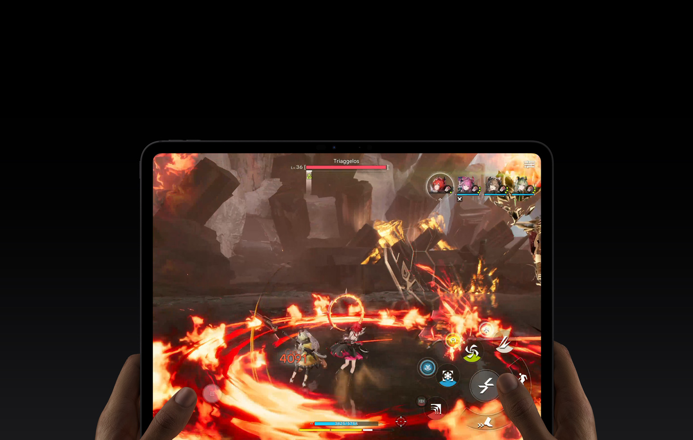 iPad Pro, parte delantera exterior, sujetado por ambas manos en posición horizontal, esquinas redondeadas, bisel de pantalla negro, pantalla con el el juego Arknights: Endfield