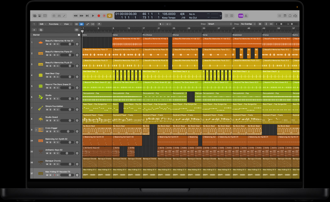  Scherm van een MacBook Pro met Logic Pro, waarin een nummer wordt bewerkt