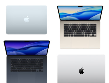 Vier Mac-computers van verschillende modellen, formaten en kleuren, ter illustratie van de mogelijkheden om te personaliseren