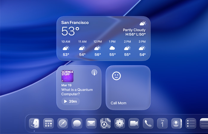 Widgets Météo, Balados et Rappels en Liquid Glass sous macOS Tahoe