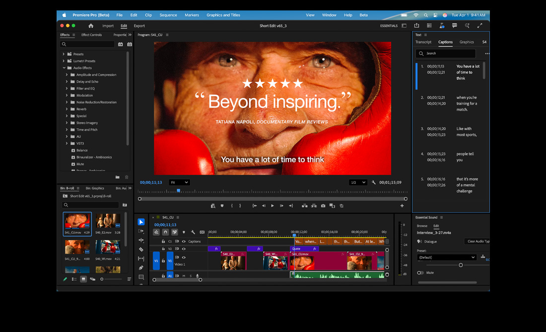 MacBook Pro-scherm waarop een film met de titel Eternal Play wordt bewerkt in Adobe Premiere Pro
