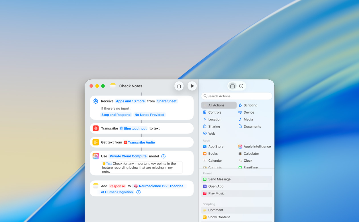 Nærbillede af en bruger, der opretter en genvej med Brug model-handlingen i appen Noter