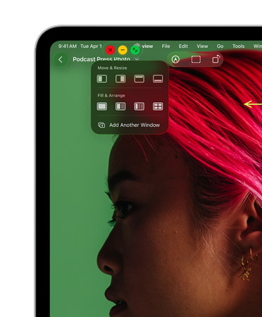 Fenster Steuerelemente mit roter Taste zum Schliessen, gelber Taste zum Minimieren und grüner Taste zum Vergrössern sowie Optionen zum Verschieben und Ändern der Grösse oder Anordnung der Fenster