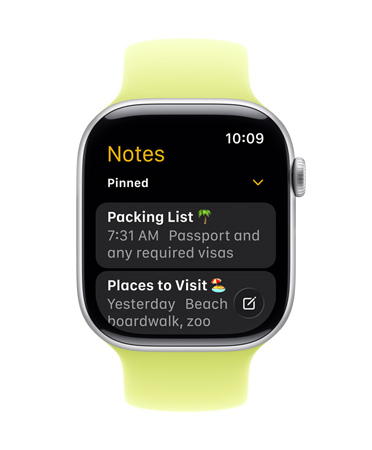 Apple Watch Series 11, face shows Notes app, with two Pinned notes
