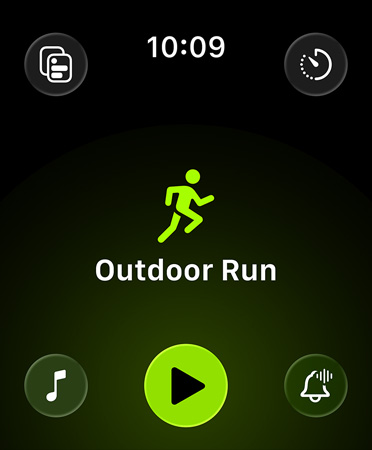Workout app new layout, green buttons in each corner to access alerts, music, experiences, custom workouts, and metrics against a black background. In center, an icon of a runner in green, with Outdoor Run in white letters below and a green Play button below