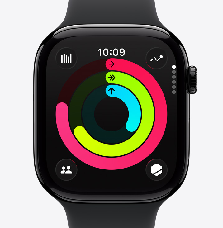Apple Watch Series 11, boîtier en aluminium, couleur noir de jais poli, anneaux Activité: Bouger, M’entraîner, Me lever