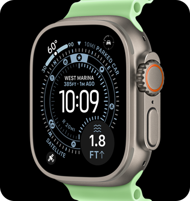 Apple Watch Ultra 3, natural color, titanium case, Orienteering watch face, complications: weather, parked car location, satellite, and distance to surface, right side exterior, Digital Crown, microphone, side button, Ocean Band, neon green color
