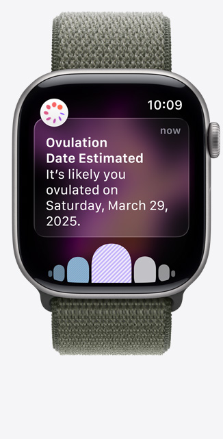 Apple Watch Series 11, Space Gray aluminum case color, Ovulation date estimation notification from Cycle Tracking in Health app, Digital Crown, band, forest Sport Loop
