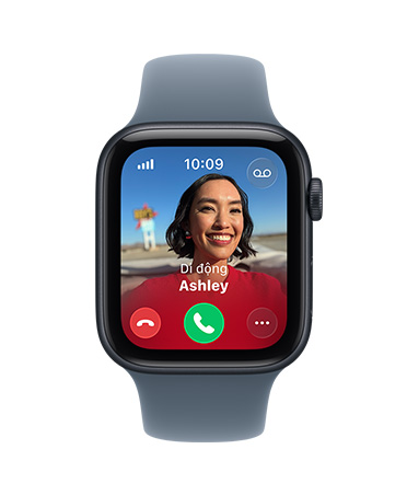 Apple Watch SE 3, vỏ nhôm, màu đêm xanh thẳm, cuộc gọi đến, ảnh liên hệ, nút nhận và từ chối cuộc gọi, mặt ngoài bên phải, Digital Crown, Dây Đeo Thể Thao, màu tím sương khói